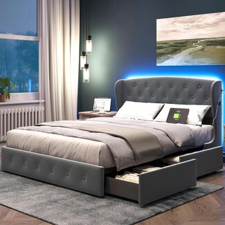 LINSY Full Size Bed Frame with 4 Drawers & Headboard, Bed Frame with RGB Lights & Fast Charger, Upholstered Bed Frame Full with Storage, No Box Spring Needed, Dark Grey