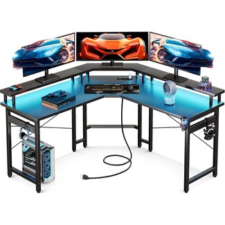 ODK L Shaped Gaming Desk with LED Lights & Power Outlets, 51" Computer Desk with Full Monitor Stand, Corner Desk with Cup Holder, Gaming Table with Hooks, Black