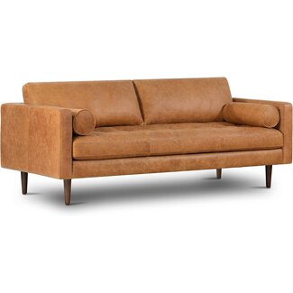 POLY & BARK Cognac Tan Brown Leather Couch - 88.5" Mid Century Leather Sofa with 2 Bolsters - Full Grain Camel Leather Couch - Feather-Down Topper On Seating Surface - Pure-Aniline Italian Leather
