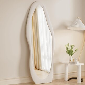 Rowjut Full Length Mirorr, 63"x24" Mirror Full Length, Irregular Wall Mounted Mirror, Standing Floor Mirror with Flannel, Wavy Body Mirorr Hanging or Leaning Against Wall for Bedroom (White)