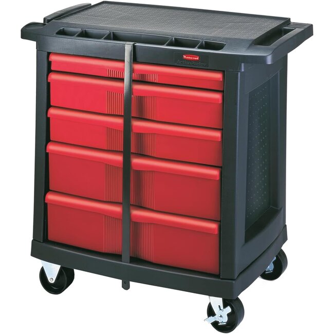 Rubbermaid Commercial Trademaster 5 Drawer Mobile Work Center, 33" L x 20" W x 34" H, Black/Red (FG773488BLA)