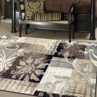 SUPERIOR Indoor Area Rug, Jute Backed, Perfect for Hallway, Entryway, Office, Living/Dining Room, Bedroom, Kitchen, Floor, Modern Floral Patchwork Decor, Pastiche Collection - 9ft x 12ft , Beige