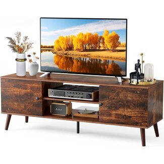 Sweetcrispy TV Stand for 55 60 inch Television, Entertainment Center with Storage, 2 Cabinet Media Console Table, Soft Hinge Door with Handle, Wood Feet, Living Room, Bedroom Furniture, Rustic Brown
