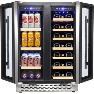 Aprafie Wine and Beverage Refrigerator, 24 inch 55 Cans and 20 Bottles Large Dual Zone Wine Cooler with Quiet Compressor, Blue LED, Dual Temperature Under Counter Wine Fridge