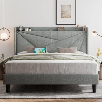 Feonase King Size Bed Frame with Charging Station, Upholstered Bed Frame with Wingback Storage Headboard, Solid Wood Slats Support, No Box Spring Needed, Light Gray