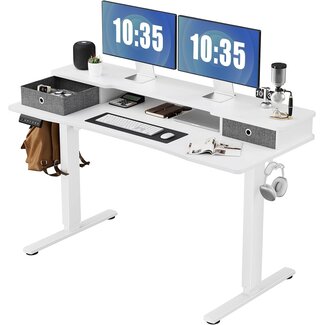 Sweetcrispy Electric Standing Desk with Double Drawer - 55 x 24 inch Adjustable Height Sit to Stand Up Desk with Storage Shelf, Rising Home Office Computer Table with Splice Board