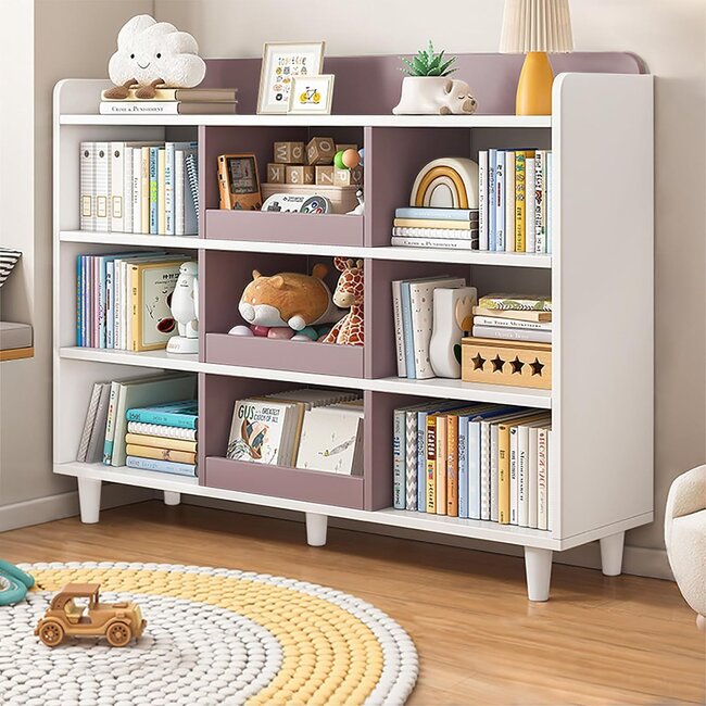 NELYE Wooden Cube Bookcase with Legs - 3-Tier Open Shelf Kidsroom Sorted Storage Cabinet Organizer for Books and Toys, 9-Cube Lattice Cute Cubby Bookshelf in White Mixed Mocha Brown, 47" W