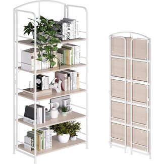 GHQME No Assembly Folding Bookshelf, Metal Book Shelf for Storage, Folding Bookcase for Office Organization and Storage (White, 5 Tiers)