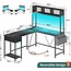 Yoobure L Shaped Desk Gaming Desk with LED Strip & Power Outlet, Reversible L-Shaped Computer Desk with Storage Shelf & Drawer, Corner Desk with Storage Bag, 2 Person Home Office Desk, Gray