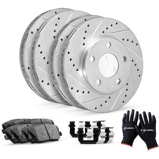 R1 Concepts Front Rear Silver Drilled and Slotted Brake Rotors with Ceramic Pads and Hardware Kit Compatible For 2015-2020 Mercedes-Benz C300, C350e, C400