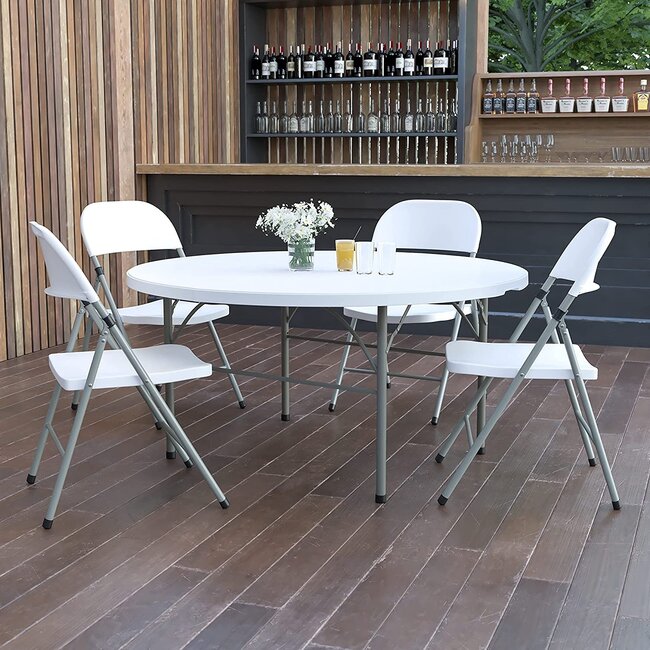 Flash Furniture 5-Foot Round Bi-Fold White Plastic Folding Table with Carrying Handle