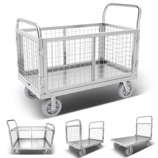 Platform Truck Cart with Cage, 4in1 Foldable Platform Truck Heavy Duty Push Cart Dolly Load 1800LBS W/Swivel Casters, Large Flatbed Hand Truck Cart Multipurpose for Grocery/Laundry/Stall/Storage