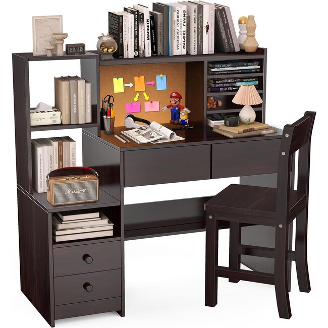 SFDOU Espresso Kids Desk and Chair Set for 5-12 Year Old, Childrens Computer Desk with Storage Shelf, Kids Study Table with 4 Drawers