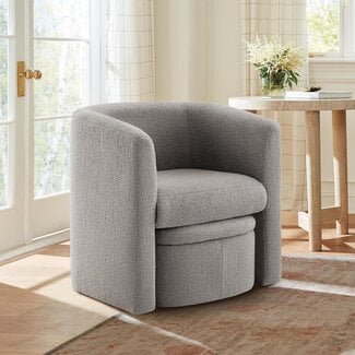 COLAMY Upholstered Sherpa Barrel Accent Chair with Storage Ottoman, Morden Living Room Side Chair, Single Sofa Armchair with Lounge Seat for Bedroom/Office/Reading Spaces, Grey