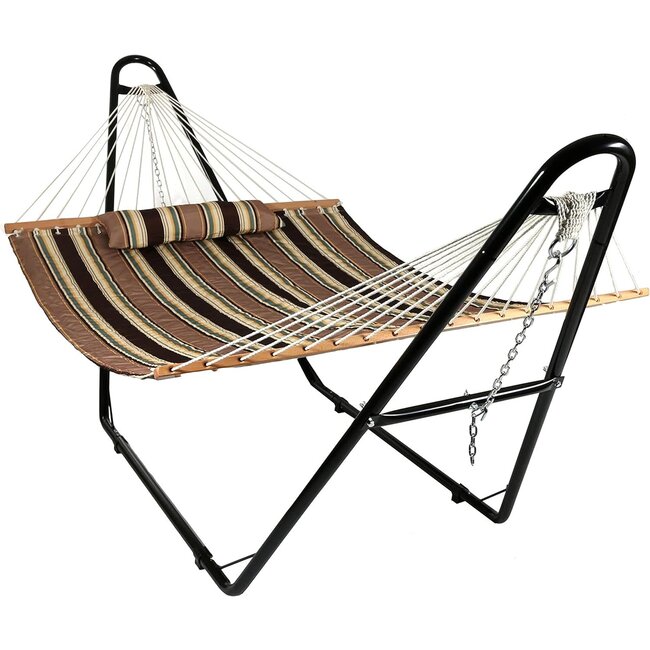 Sunnydaze Quilted Double Hammock with Stand - Large 2-Person Heavy-Duty Hammock with Multi-Use Universal Steel Stand for Backyard & Patio - 450-Pound Capacity - Sandy Beach