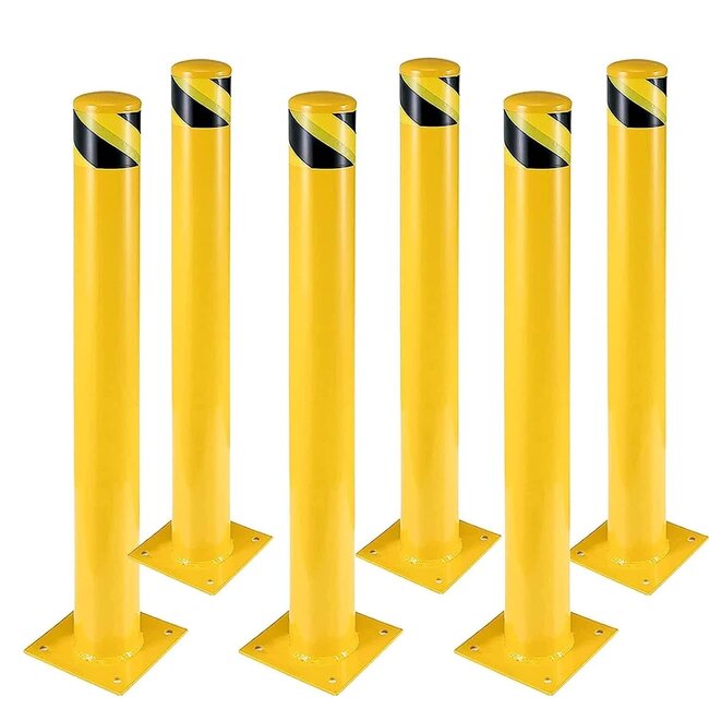 Safety Bollard 6 Packs, Garvee 48 Inch Height Bollard Post, 4.5 Inch Diameter, Yellow Safety Steel Bollard Post with 24 Anchor Bolts, for Traffic Control, Driveway Barrier, Parking Pole