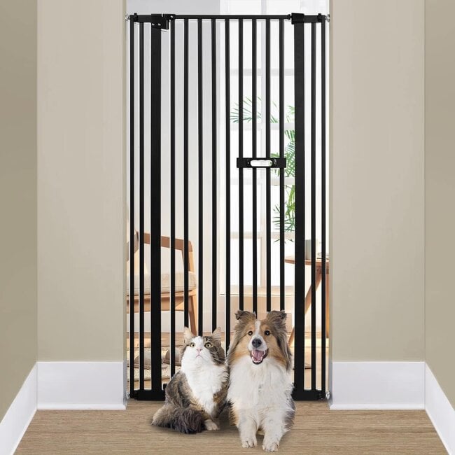 Ulifemate 59" Extra Tall Cat Gate, 2024 Easy Opening Auto Close Gate for Door Way, 30"-33.46" Extra Wide Pet Gate, Pressure Mount Kit Gate, Black