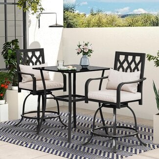 YITAHOME 3 Piece Outdoor Bar Height Table and Chairs Set, 32" Square Patio Bar Table (Umbrella Hole) and Outdoor Bar Stools Set of 2, Bar Height Patio Furniture Ideal for Lawn Garden Porch, Ivory