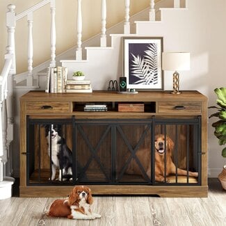 YITAHOME 63 Inch Double Dog Crate TV Stand with Charging Station, Heavy Duty Wooden Dog Crate Furniture for 2 Dogs, Dog Kennel Indoor Furniture Double Sliding Barn Door Design Ideal for 2 Dogs, Oak