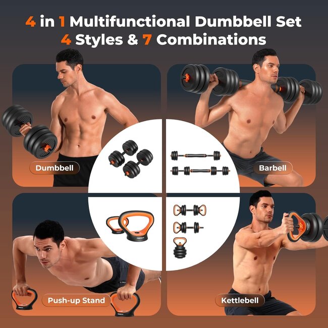 FEIERDUN Adjustable Dumbbells 20lbs Free Weight Set with Connector 4 in1 Dumbbells Set Used as Barbell Kettlebells Push up Stand Fitness