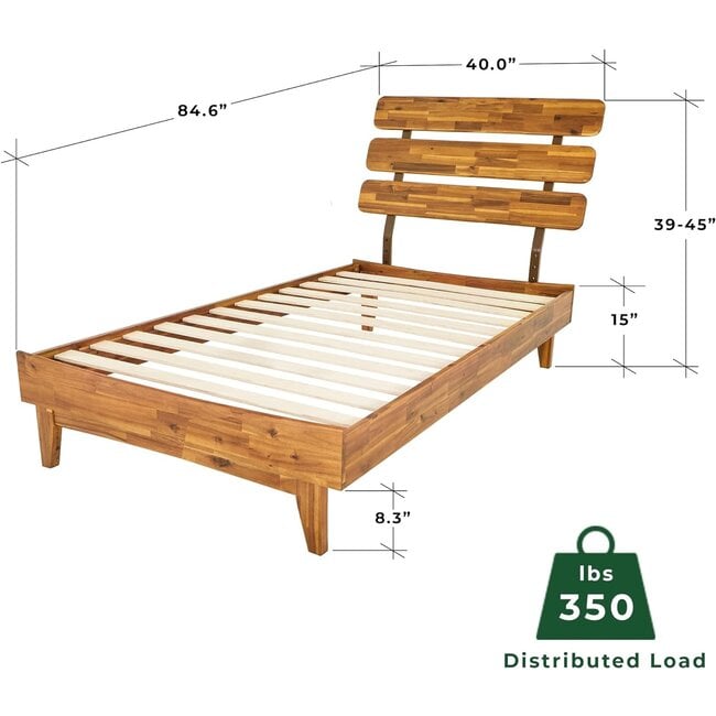 Bme Caden 15 Inch Bed Frame with Adjustable Headboard - Mid Century, Retro Style with Acacia Wood - No Box Spring Needed - 12 Strong Wood Slat Support - Easy Assembly - Caramel, Twin