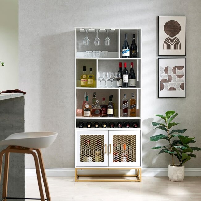 Home Source 71.5" Modern Bar Cabinet with Storage, Wine Bar Cabinet for Liquor and Glasses,Bookshelves with Mesh Doors,China Cabinet Hutch for Kitchen, Dining Room, Living Room,White Gold