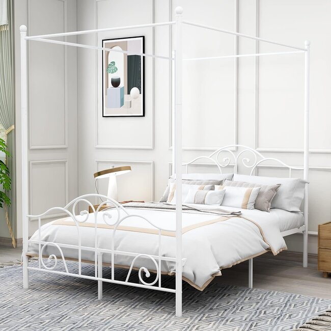 AUFANK Full Size Four-Poster Metal Canopy Bed Frame with Headboard and Footboard Sturdy Slatted Structure No Box Spring Needed White