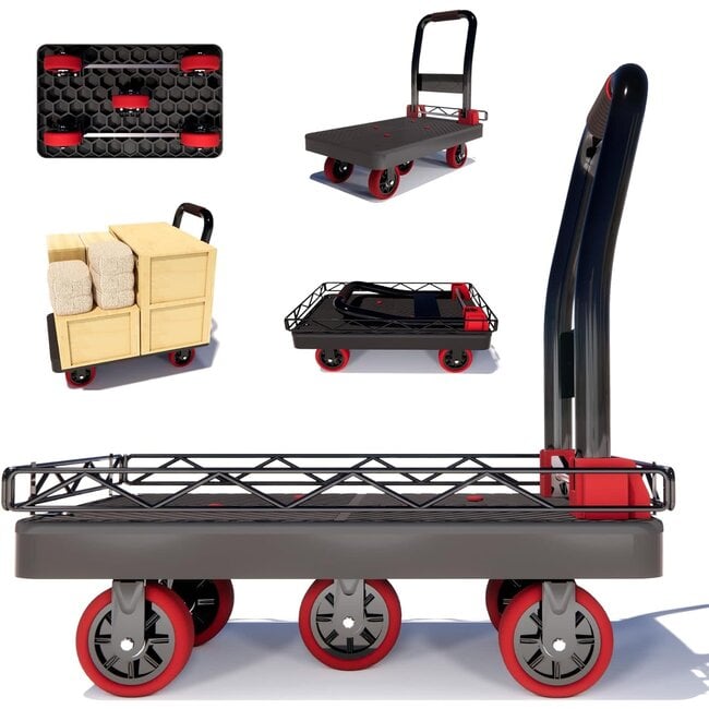 2IN1 Heavy Duty Platform Trucks Flatbed Carts, 42×26In 2000lbs Capacity Push Cart Dolly Hand Trucks w/Detachable Solid Steel Wire Fence, Collapsible Cage Cart Dolly, 5-Inch Silent TPR Wheels