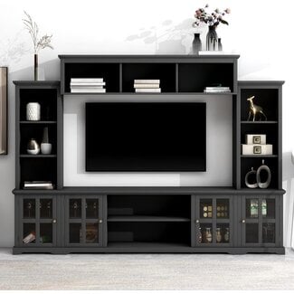 Multifunctional All in One TV Stand for TVs Up to 70'', Luxury Entertainment Wall Unit with Bridge and Tempered Glass Door, TV Stand Console Table with Top Cabinet for Living Room (Black-70)