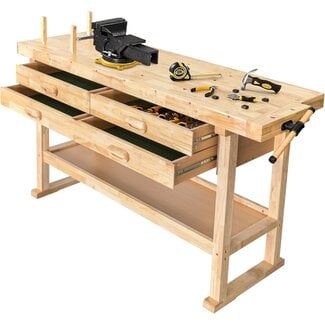 Olympia Tools 60-Inch Wooden Workbench - Rubberwood Workbench with 4-Drawer, 450lbs Weight Capacity - Perfect Workbench for Garage, Workshop and Home, Natural