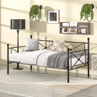 VECELO Twin Daybed Frame, Metal Day Bed with Stylish Headboard, Multifunctional Platform Beds for Bedroom, Living Room, Guest Room, No Boxing Spring Needed, Black