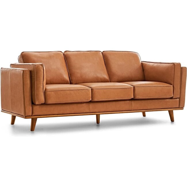 Valencia Artisan Full Leather Sofa 88” - Pure Full Italian Nappa Leather Couch, Solid Wood Accent, Ultimate Comfort, Cognac Tan