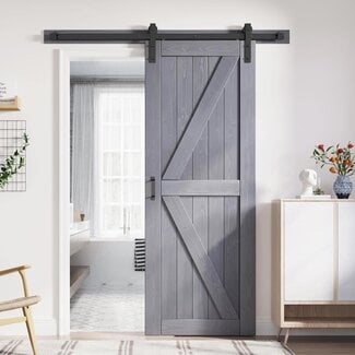 FREDBECK 32in x 84in Gray Wood Barn Door Slab with 5.5ft (66inch) Barn Door Hardware Track Kit and Handle Floor Guide Included, Double Surfaces,Simple Assembly is Required,K-Frame,Grey