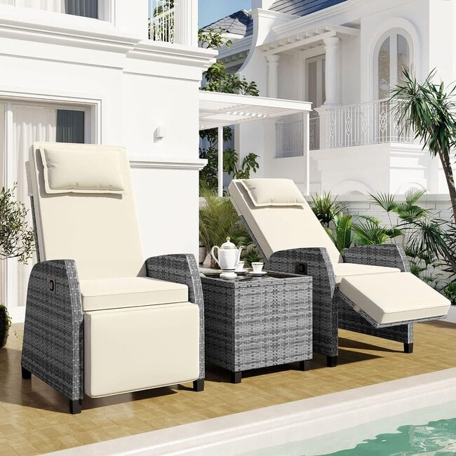 BIADNBZ Outdoor Recliner Chairs Set for 2 with Coffee Table, Rattan Patio Furniture Two-Person Adjustable Combination Chaise Lounge, for Courtyard, Swimming Pool, Balcony, Beige