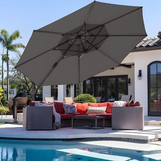 wikiwiki 12 FT 2 Tiers Cantilever Patio Umbrella, Offset Umbrella Outdoor Patio, 6-Level 360Â°Rotation Heavy Duty Large Umbrella with Cross Base, Grey