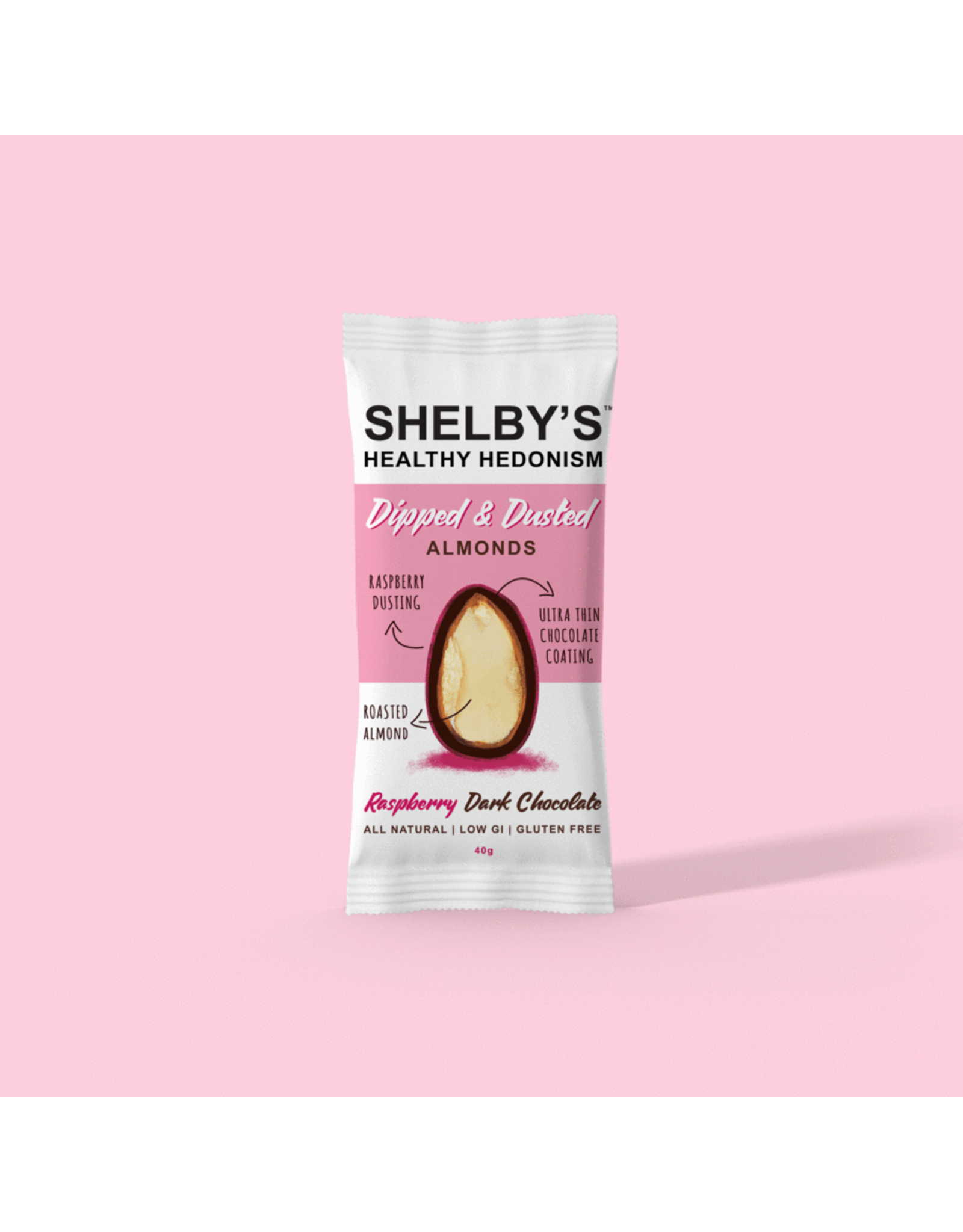 Shelby's Healthy Hedonism Dipped & Dusted Dark Chocolate & Raspberry 40g