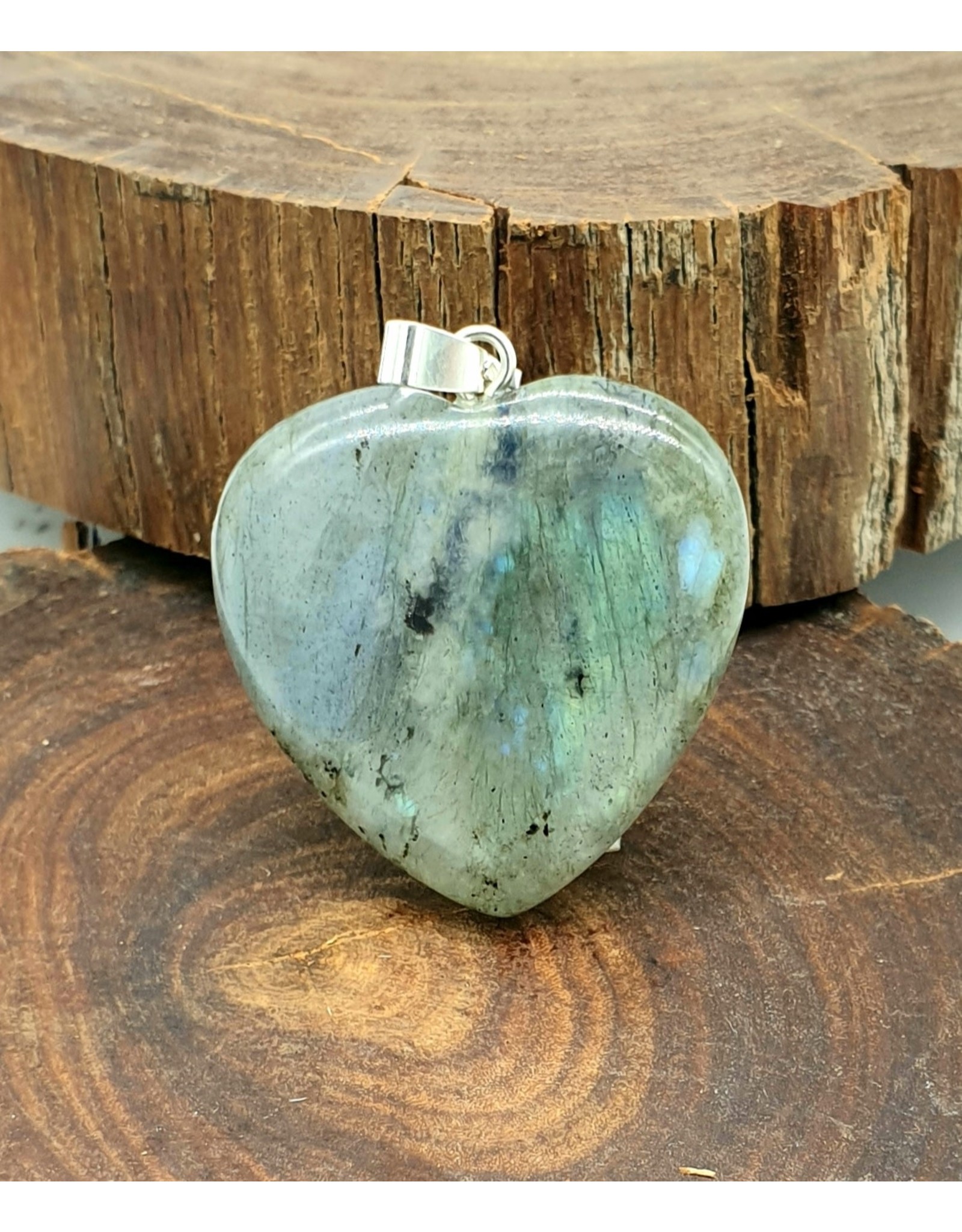 Silverstone Carved Crystal Pendant Heart - Labradorite