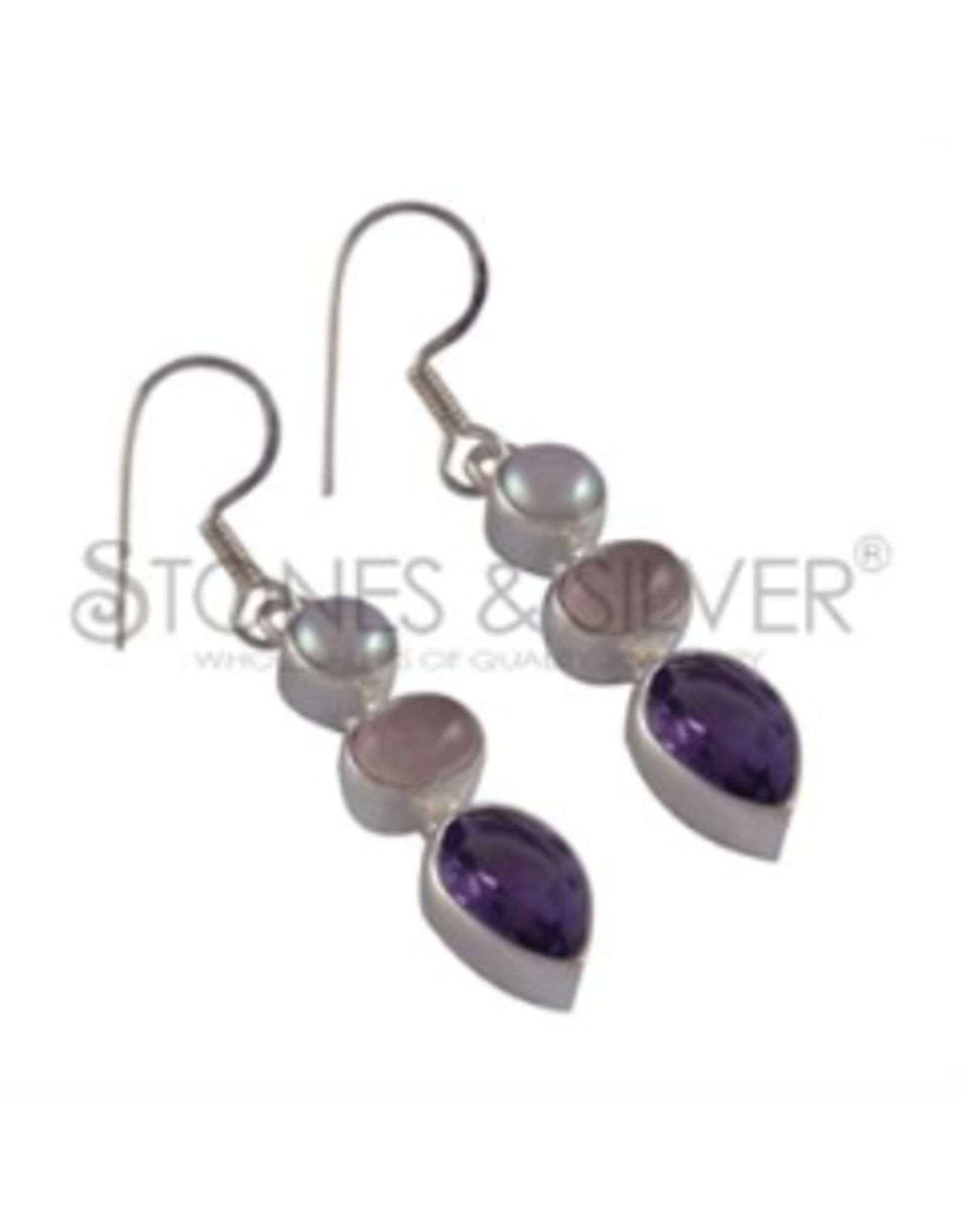 Stones & Silver Amethyst, Rose Quartz & Pearl Earrings