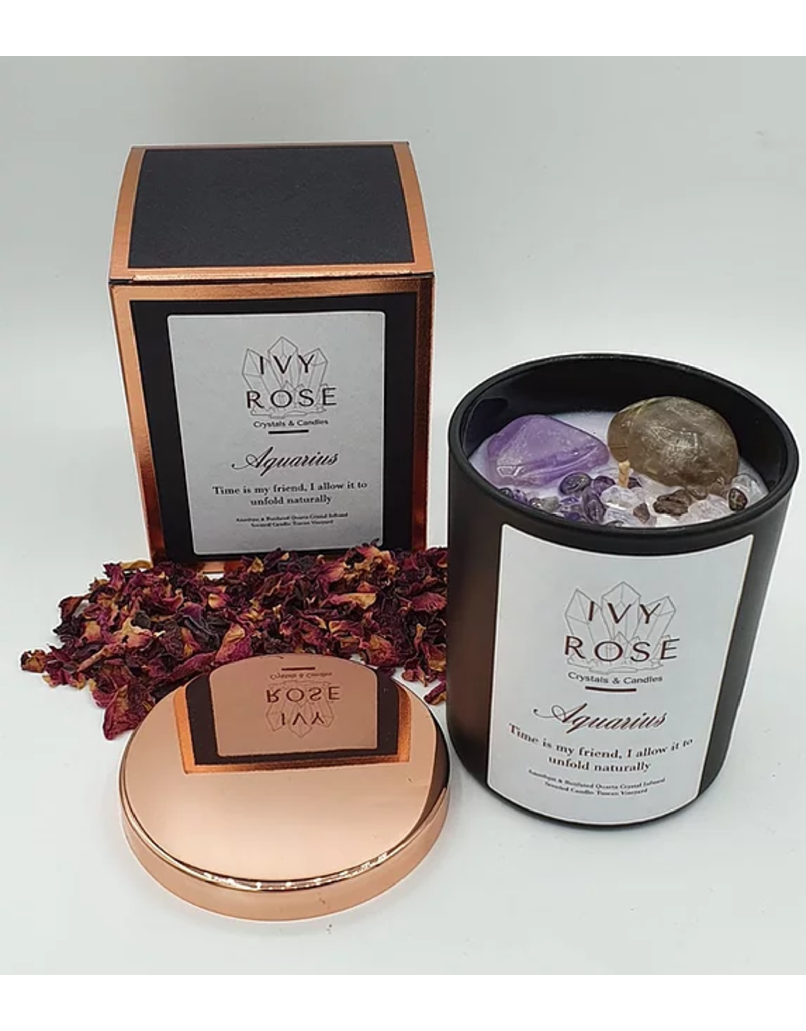 Ivy Rose Zodiac Crystal Infused Candle - Black with Rose Gold