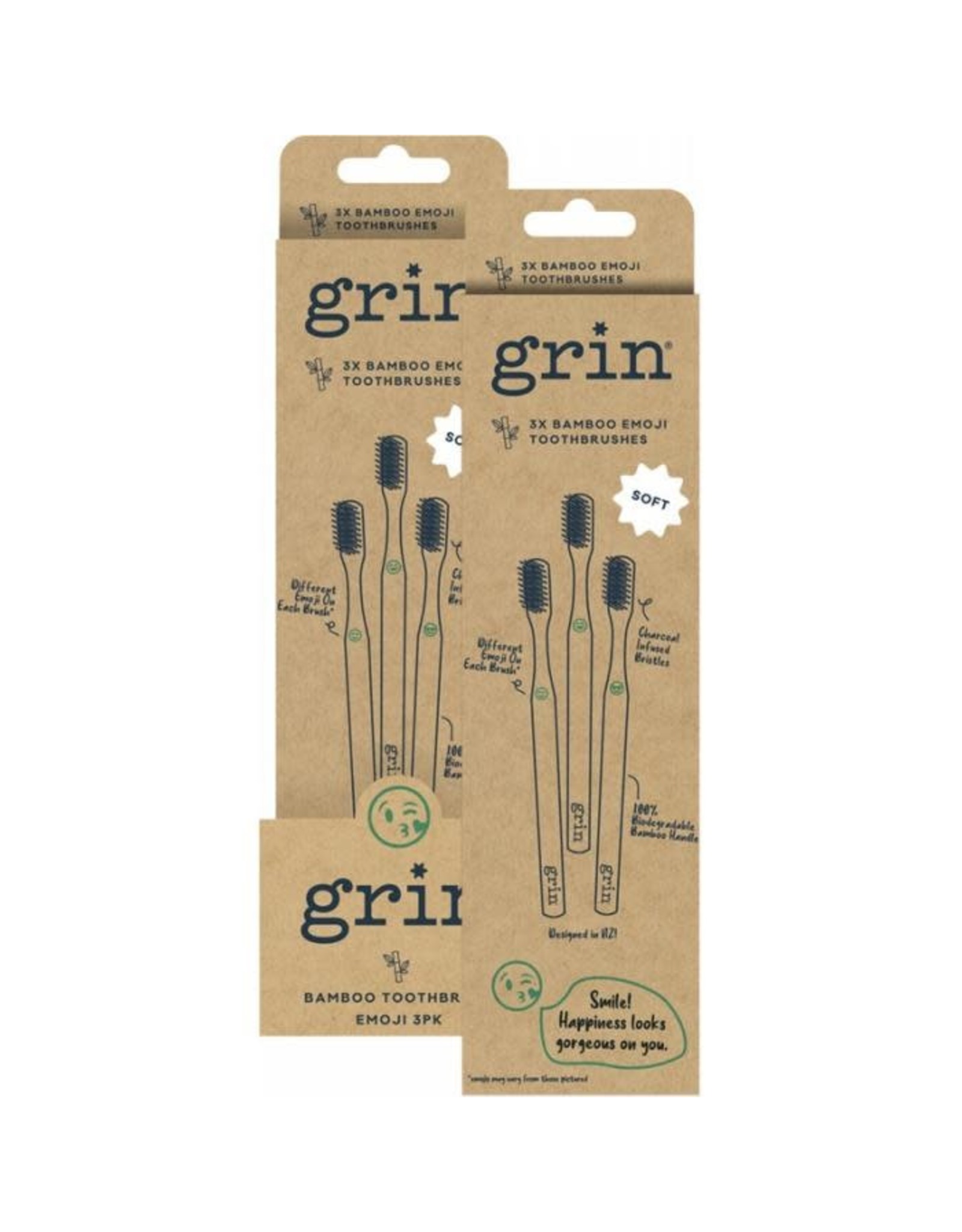 Grin Bamboo Toothbrush (3-pack) Soft - Emoji