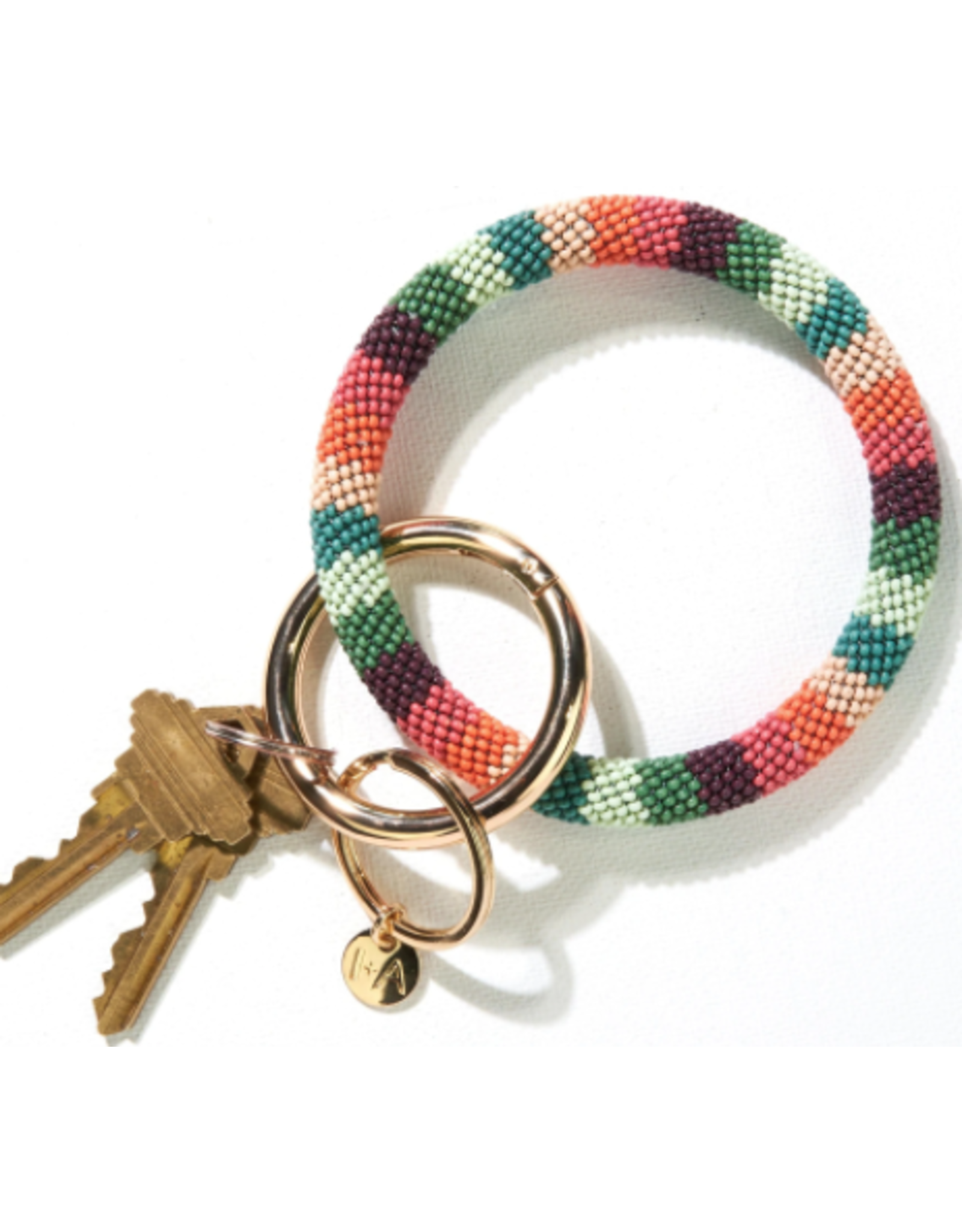 Ink + Alloy Pink Port Mint Teal Stripe Seed Bead Key Ring