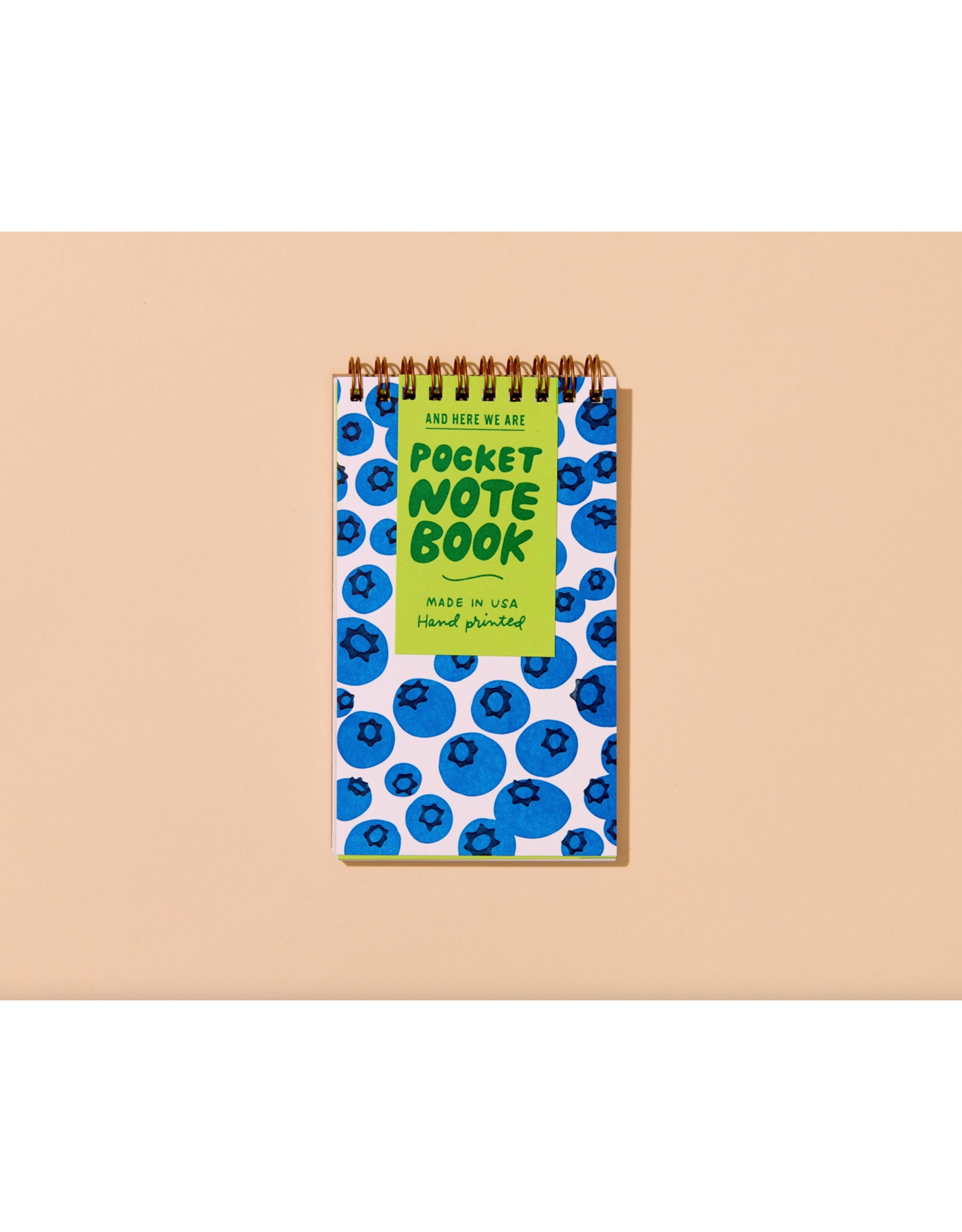And Here We Are Blueberries Letter Press Spiral Pocket Size Notebook
