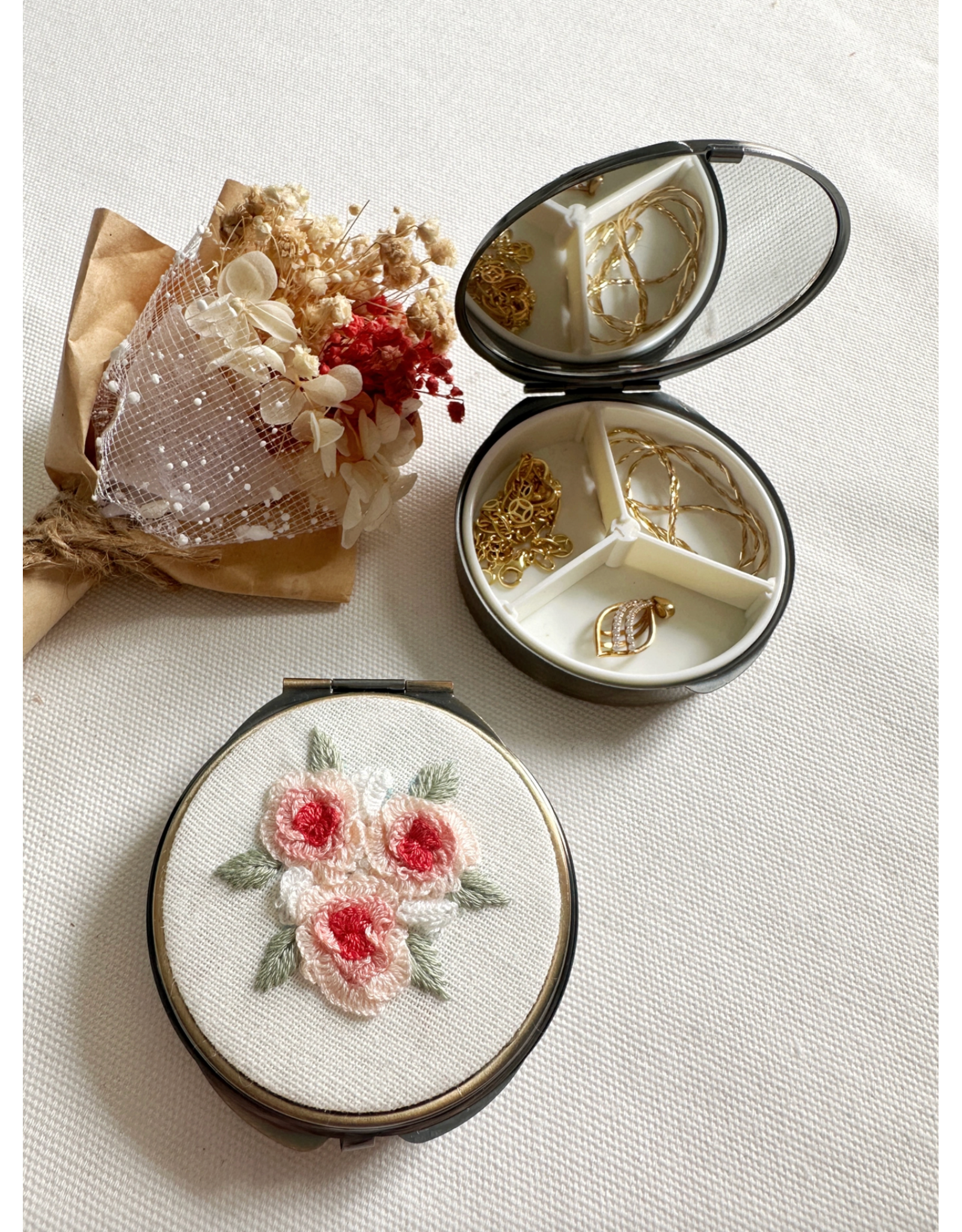Quince Fables Floral Mini Round Jewelry Box - Pink Roses