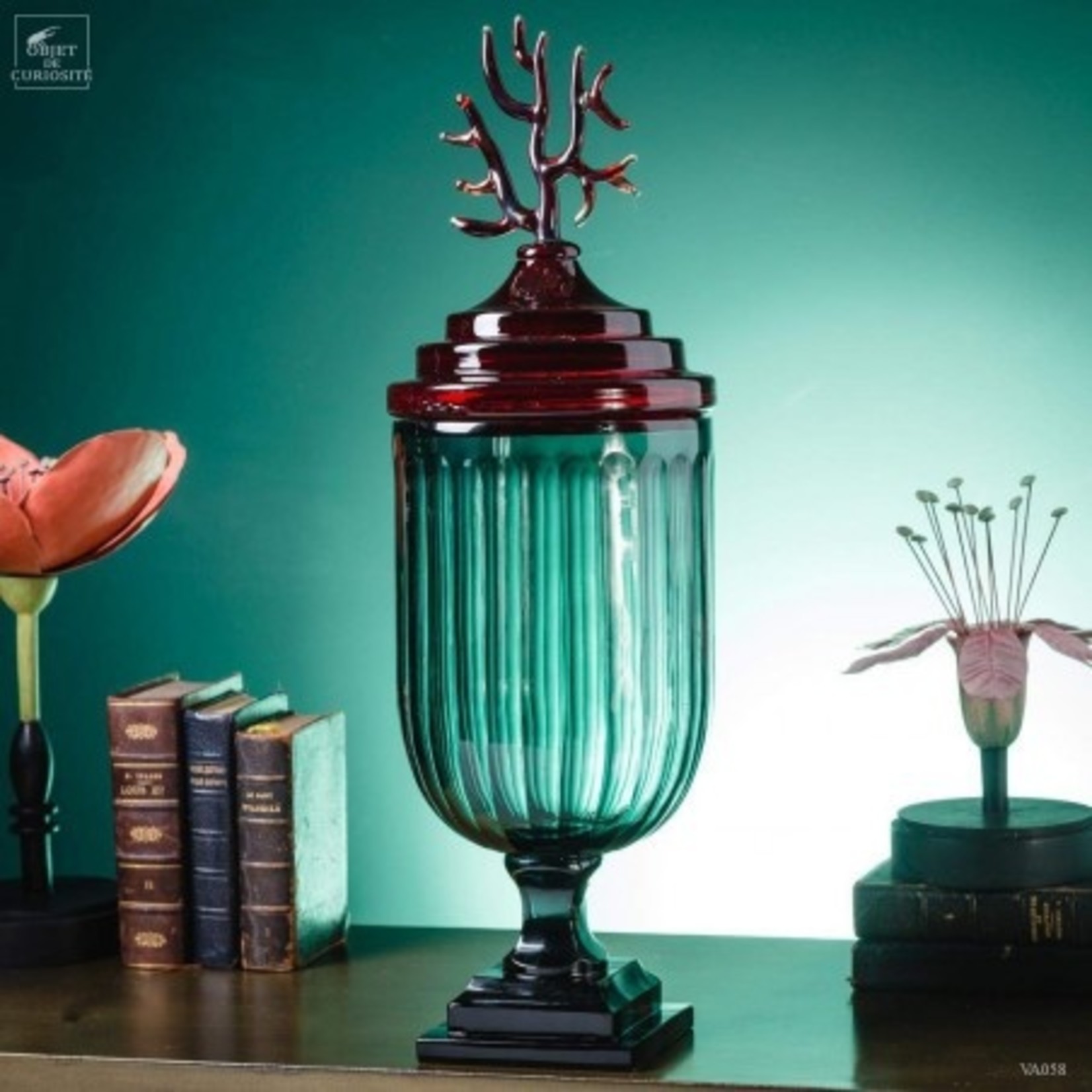 OBJET DE CURIOSITE BLUE GLASS FLUTED CANDY JAR, RED GLASS LID