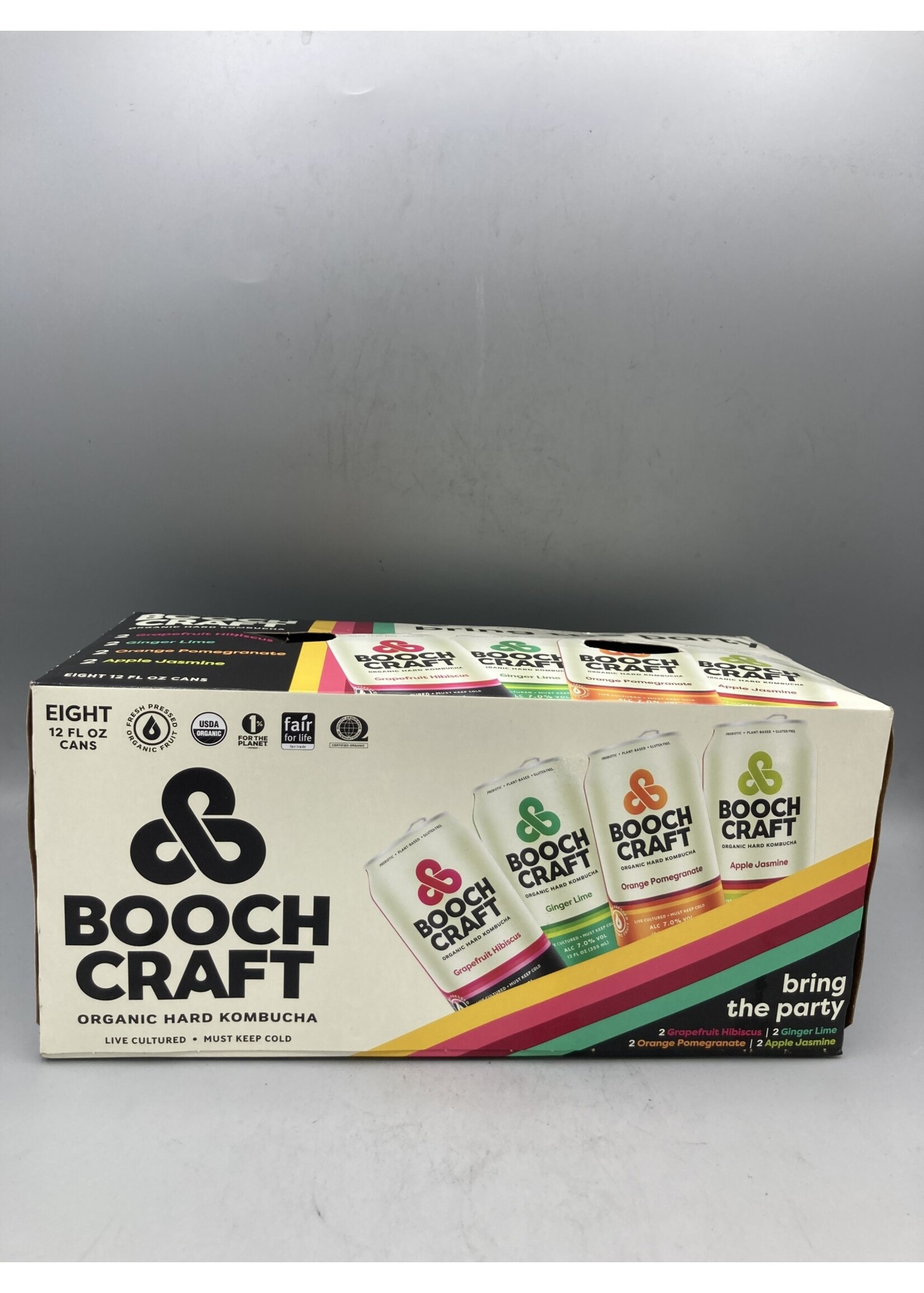 Boochcraft organic hard kombucha  Bring the party variety  7% abv 8pk-12oz can