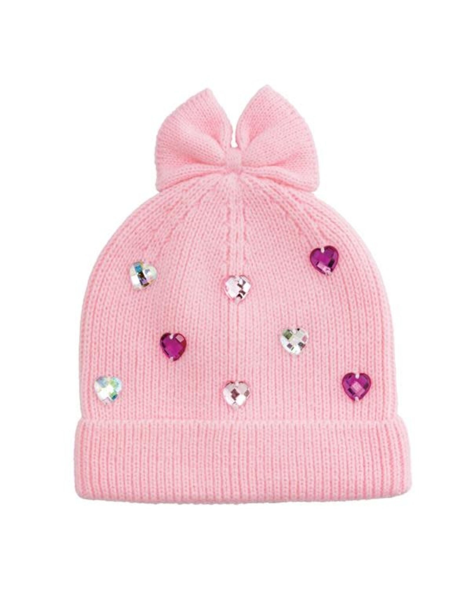 Pink Beanie Hat With Rhinestone Hearts