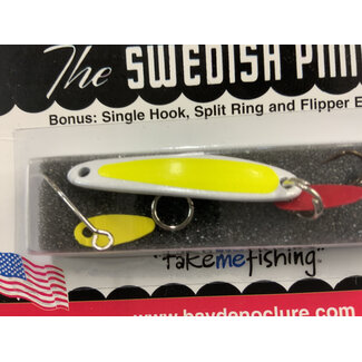 BAY DE NOC LURE CO. SWEDISH PIMPLE 1 1/2"PEARL/YEL