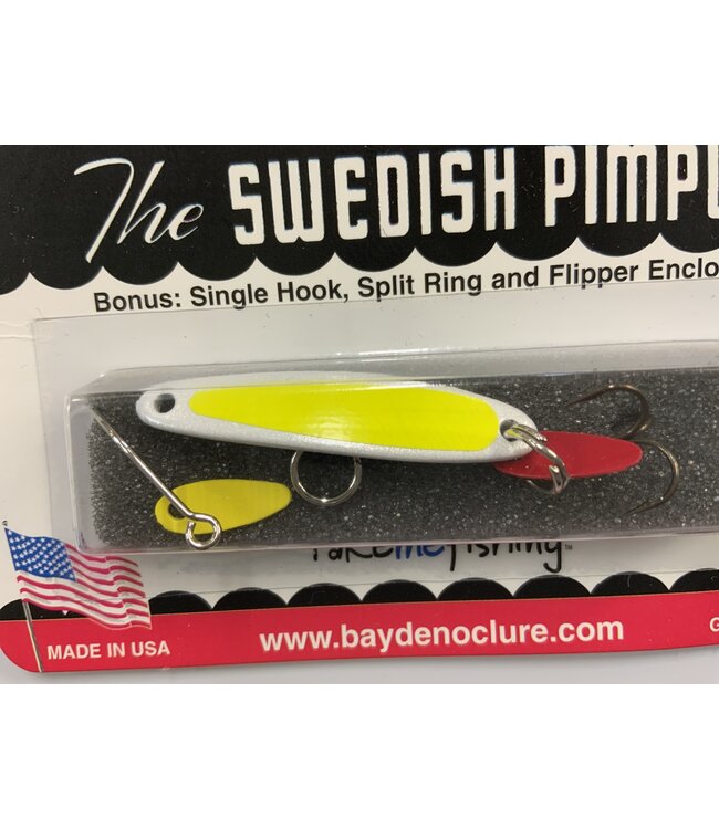 BAY DE NOC LURE CO. SWEDISH PIMPLE 1 1/2"PEARL/YEL