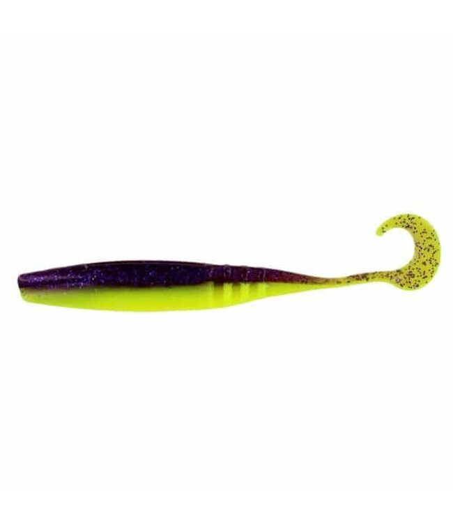 BIG BITE BAITS JOINTED JERK MINNOW CURL TAIL 3.75" PURPLE GLITTER/OPAQUE CHARTREUSE TAIL (10 Pack)