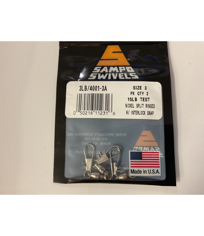 SAMPO NICKEL SPLIT RINGED W/INTERLOCK SNAP  SZ 3  15 LBS  3 PK
